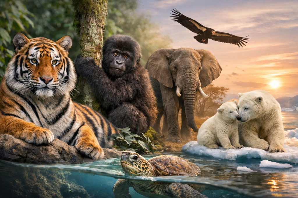 Animales amenazados representados en un entorno natural de conservación