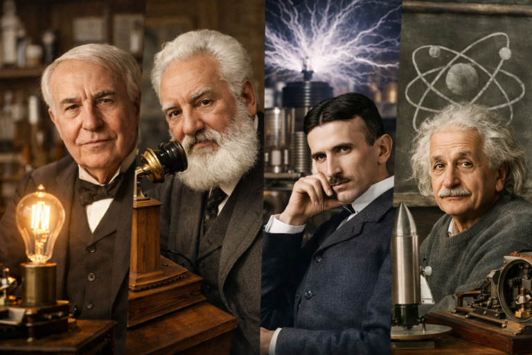 Ilustración conceptual sobre inventores importantes y la evolución de la tecnología