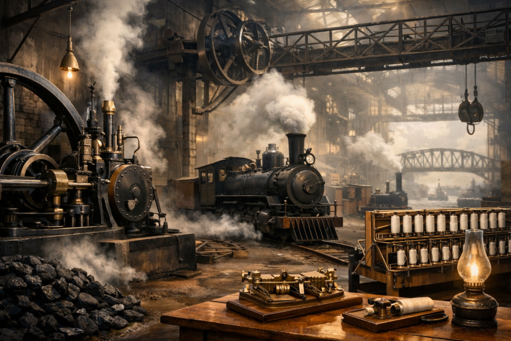 Ilustración histórica de máquinas y transporte de la Revolución Industrial