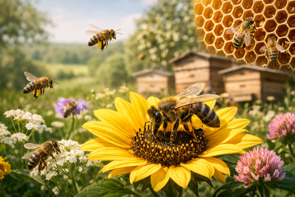 Abeja visitando una flor durante la polinización