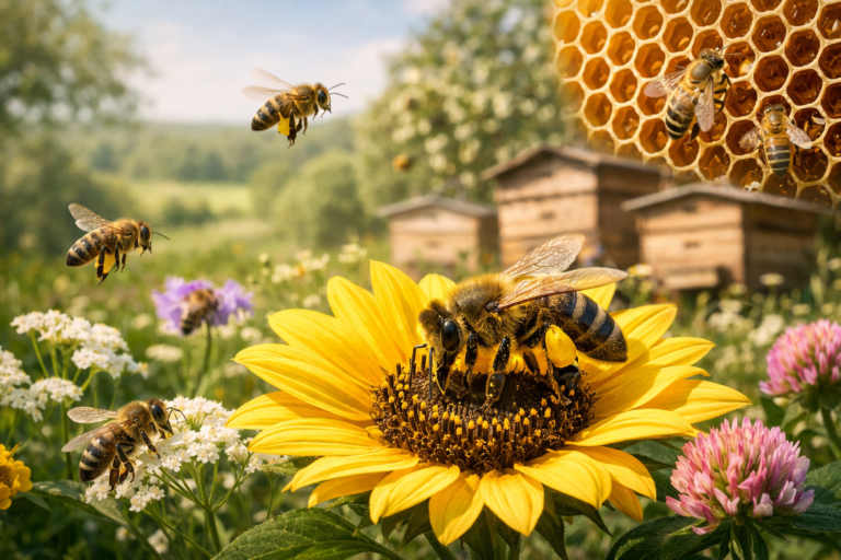 Abeja visitando una flor durante la polinización