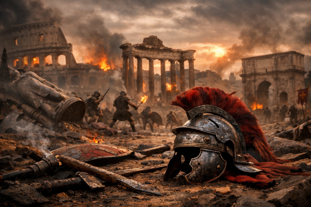 Ruinas y arquitectura del antiguo Imperio romano en una escena histórica sin texto