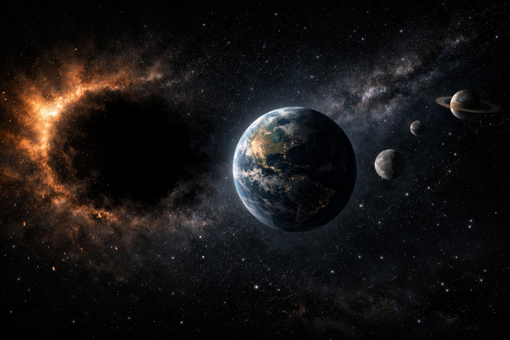 Ilustración conceptual de la Tierra frente a un Sol ausente en el espacio