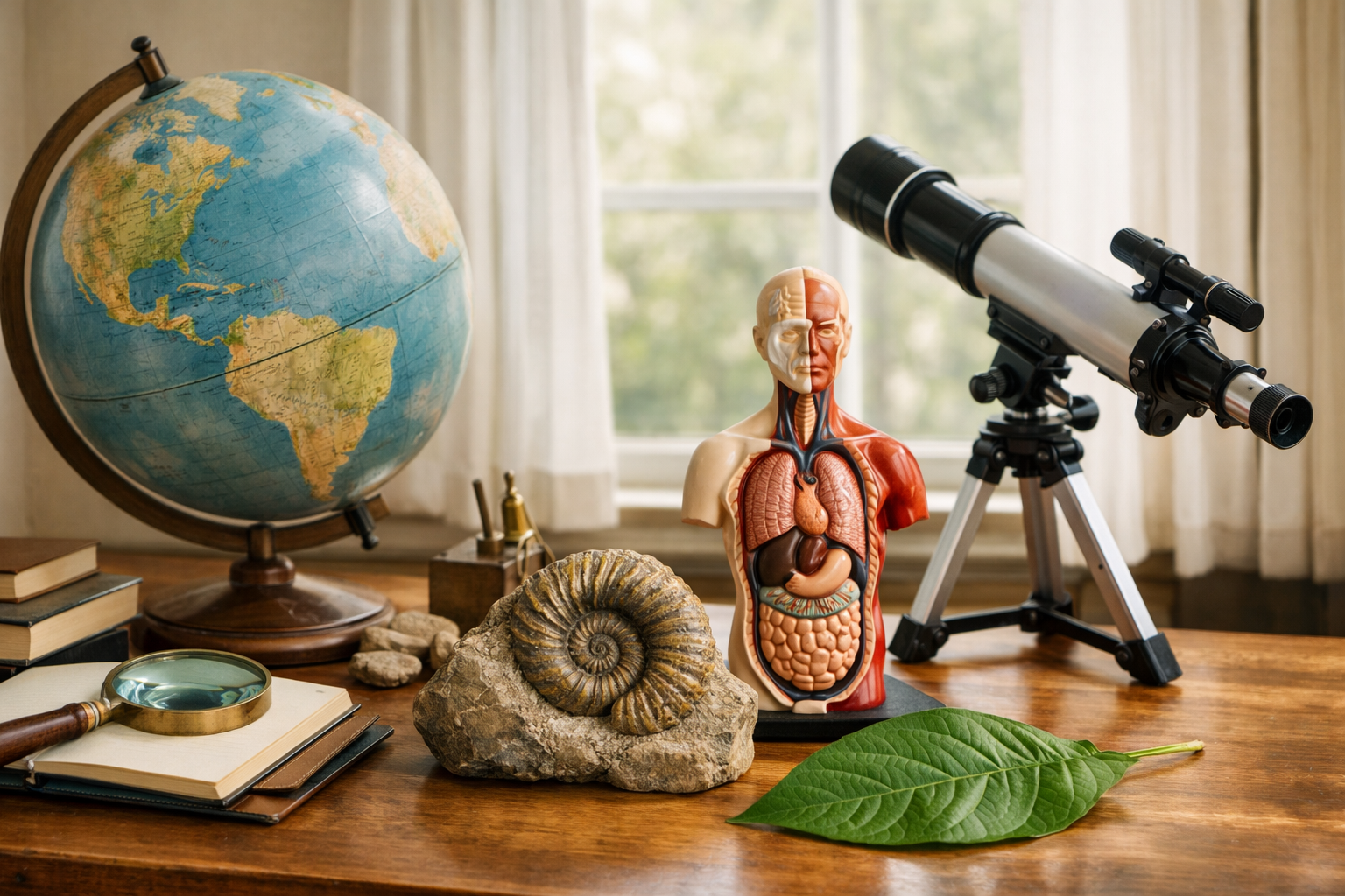 Mesa con objetos de ciencia, naturaleza e historia