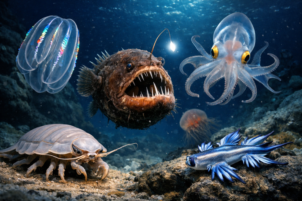Animales marinos raros en un entorno oceánico oscuro