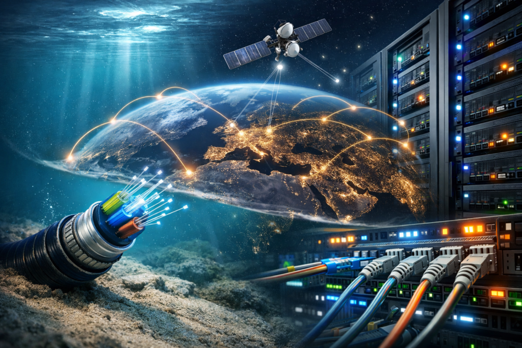Infraestructura física y digital que conecta internet en todo el mundo