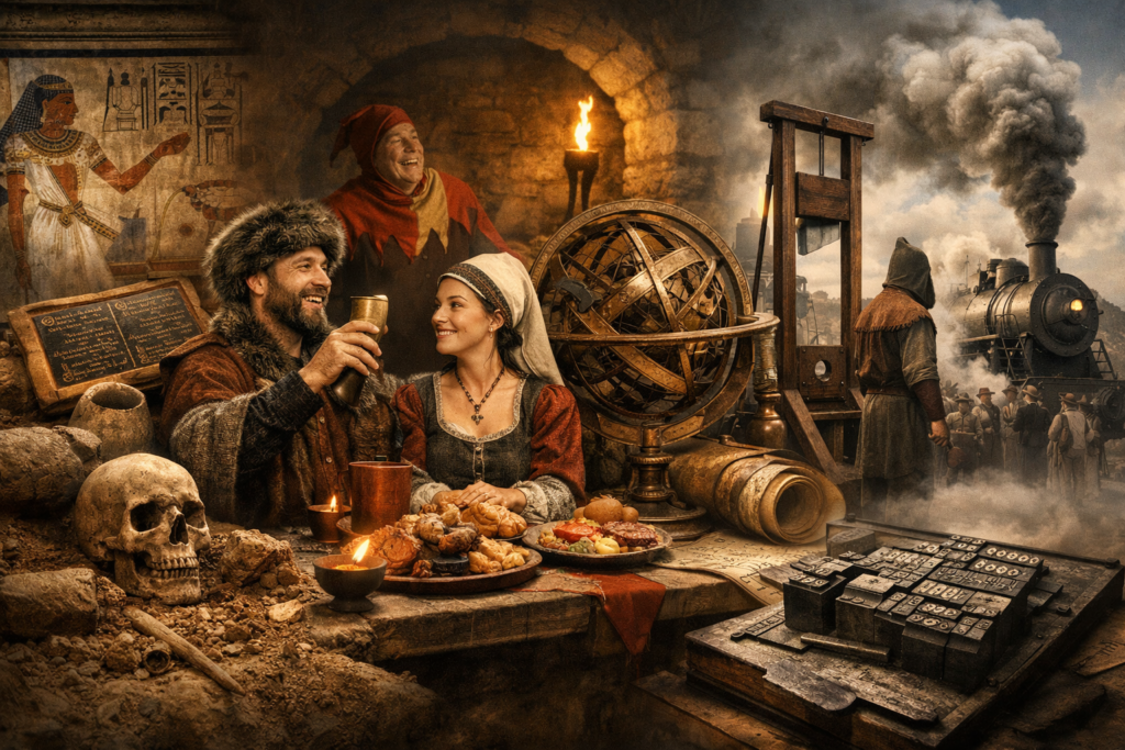 Escena histórica que representa la vida cotidiana y los inventos de sociedades antiguas