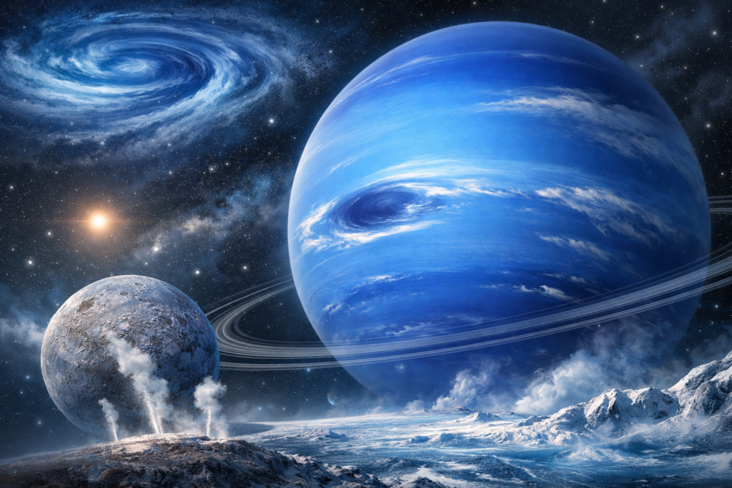 Representación de Neptuno, el lejano gigante helado azul del sistema solar