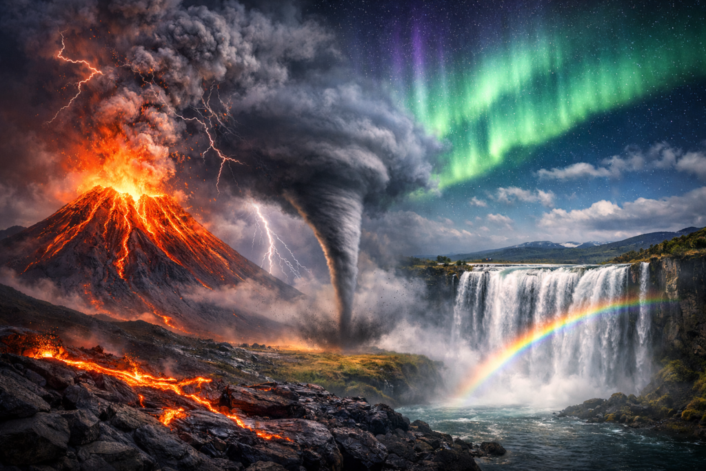 Paisaje natural con fenómenos de la Tierra y la atmósfera