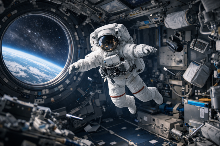 Astronautas flotando dentro de una nave espacial en órbita alrededor de la Tierra